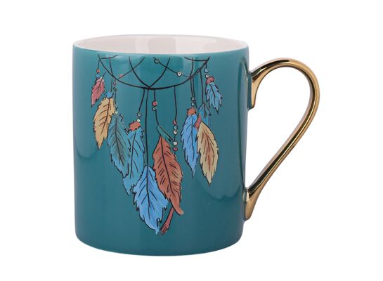 Kubek prosty ze złotym uchem Exotic 300 ml pióra niebieski