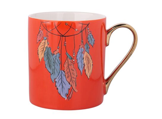 Kubek prosty ze złotym uchem Exotic 300 ml pióra pomarańczowy