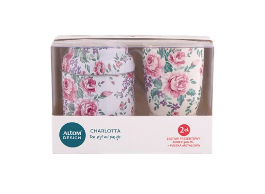 Zestaw prezentowy kubek porcelanowy Charlotta 300 ml jasny z puszką 9 x 11,5 cm