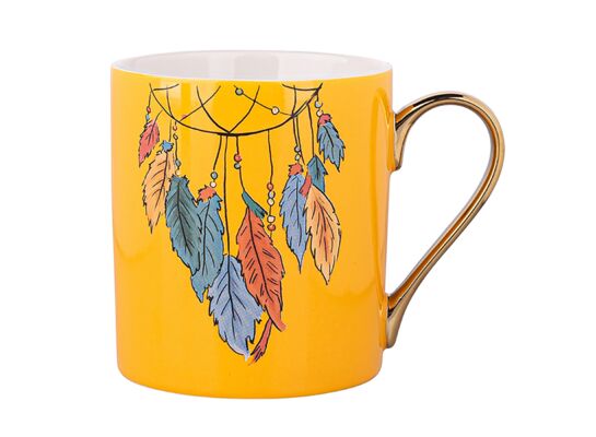 Kubek prosty ze złotym uchem Exotic 300 ml pióra żółty