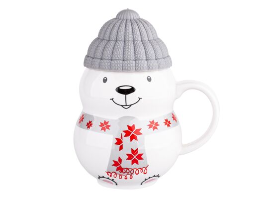 Kubek zimowy 350 ml z silikonową czapeczką niedźwiadek w opasce