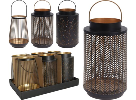 Lampion metalowy 3ass 14,4x14,4x24 cm złoty, czarny