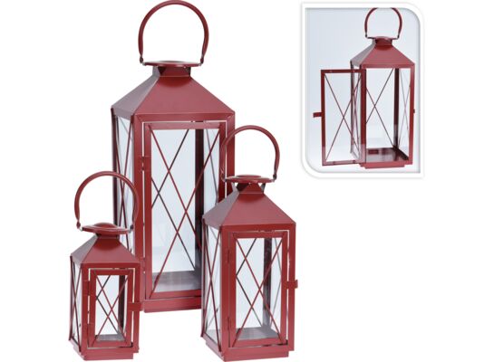 Lampion metalowy komplet 3 sztuki czerwony 18,5x18,5x47 cm