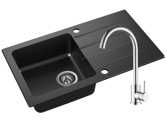 Zlewozmywak granitowy Lagoon 76 x 43,5 cm czarny z baterią chromowaną Doris