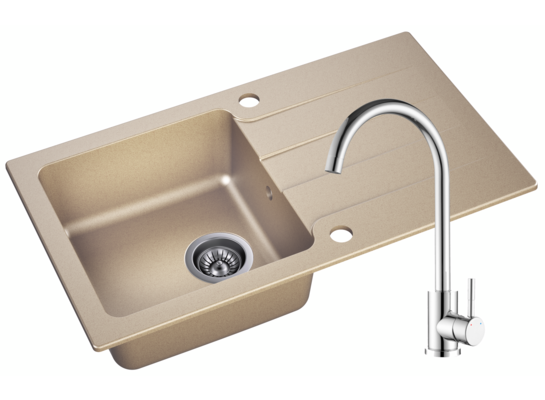 Zlewozmywak granitowy Lagoon 76 x 43,5 cm beżowy z baterią chromowaną Doris