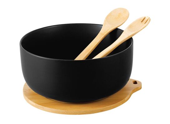 Miska do sałaty na bambusowej podstawie z łyżkami ADRIA czarna