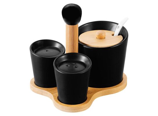 Zestaw cukiernica, solniczka i pieprzniczka na bambusowej podstawce ADRIA czarny