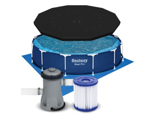 Basen stelażowy Ø366 x 76 cm z pokrywą i matą pod basen + zestaw naprawczy Bestway