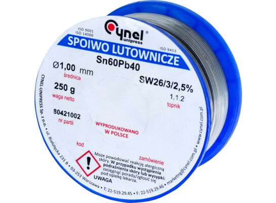 Spoiwo lutownicze z topnikiem 60% 1 mm szpulka 0,25 kg Sn60Pb40 Cynel