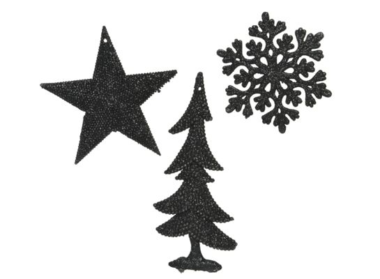 Zawieszka plastikowa brokatowa mix 3 kształtów czarna