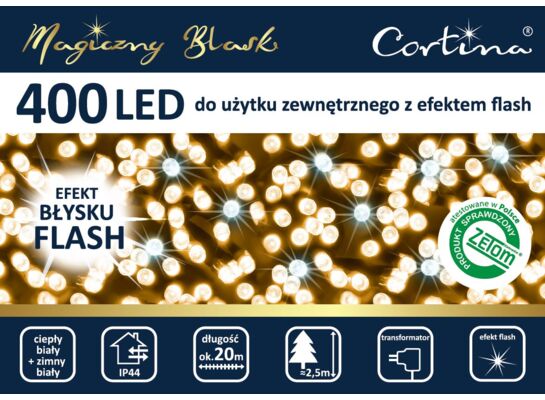 Lampki 400 LED zewnętrzne na transformator ciepły biały flash zimny biały Cortina