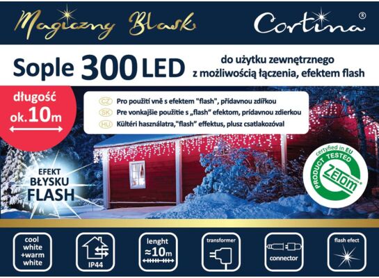 Lampki LED sople migające 300 zewnętrzne zimny biały CORTINA POLAND
