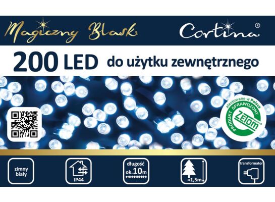 Lampki 200 LED zewnętrzne na transformator zimny biały Cortina