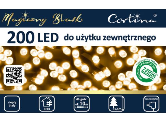 Lampki 200 LED zewnętrzne na transformator ciepły biały Cortina
