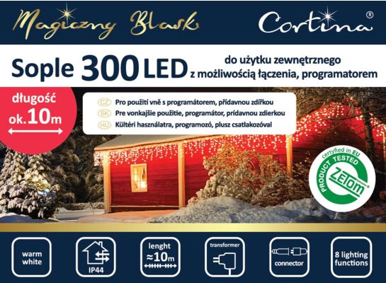 Lampki 300 LED sople zewnętrzne na transformator ciepły biały programator CORTINA POLAND