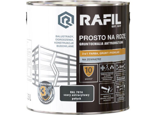 Gruntoemalia PROSTO Na Rdzę Połysk RAL7016 2,5 l RAFIL