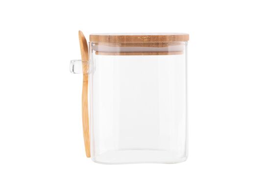 Pojemnik kwadratowy Borosilikat 800 ml z bambusową pokrywką i łyżeczką