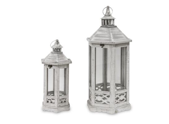 Lampion drewniany 49/66 cm szary biały 2 sztuki