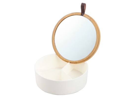 Puzderko z przegródkami z lusterkiem plastik + bambus 14 x 14 x 5 cm