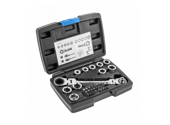 Klucz oczkowy z grzechotką z przegubem + zestaw nasadek 36 elementów HOGERT