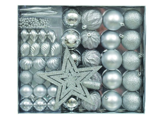 Zestaw 50 dekoracji plastikowych bombki korale gwiazda srebrne