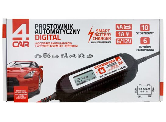 Prostownik automatyczny (10 stopniowy) 6/12V 4A DIGITAL z testerem 4Car