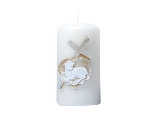 Świeca Baranek słupek 6 x 11,5 cm biała perła