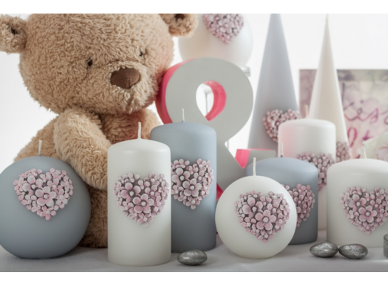 Świeca Flower Heart kula śr. 8 cm jasny szary mat