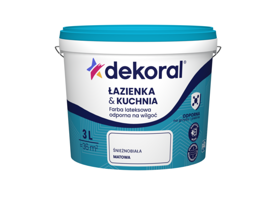 Farba lateksowa odporna na wilgoć ŁAZIENKA & KUCHNIA Śnieżnobiała 3 l Dekoral