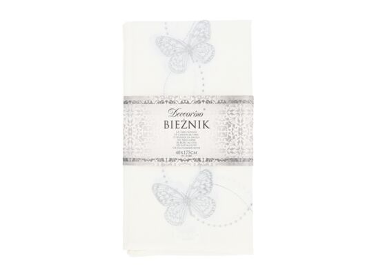 Bieznik biały ze srebrnymi motylami 175 x 40 cm Deccorino