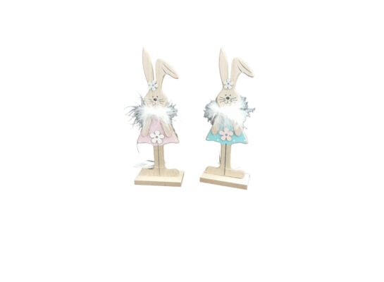 Figurka drewniana zając z piórami 23 cm mix kolorów