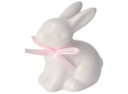 Figurka ceramiczna zając z różową/szarą kokardką 9 cm