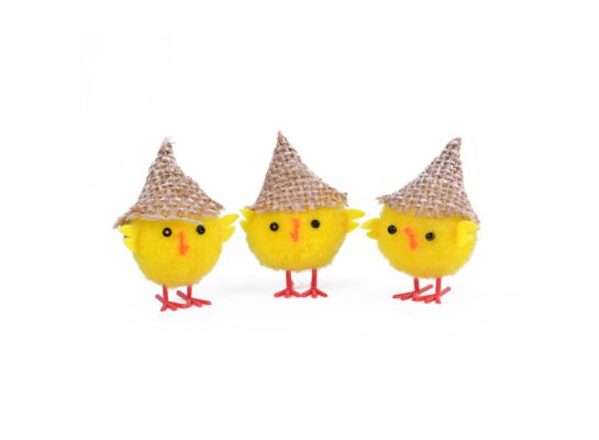 Kurczaki ozdobne w kapeluszu 6 cm 3 sztuki żółty