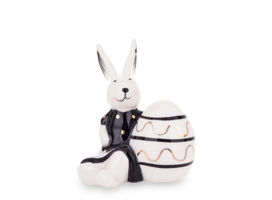 Figurka z dolomitu królik z jajkiem 8,5 x 7 cm czarno-biała