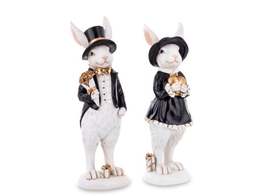 Figurka królik w kapeluszu 30,5 x 11 cm czarno-biała mix wzorów