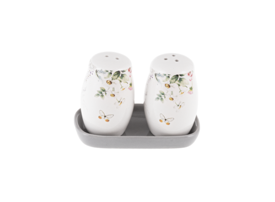 Pojemniki ceramiczne na pieprz i sól z podstawką biało-szare