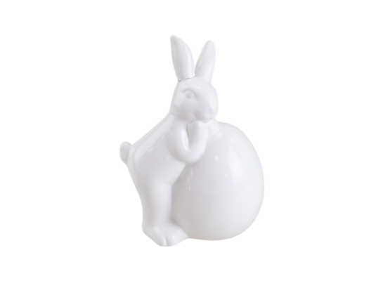 Figurka ceramiczna zając z jajkiem 15,5 cm biała