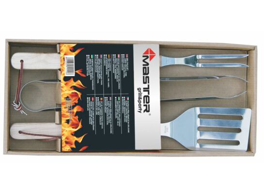 Zestaw szczypce, łopatka, widelec do grilla ze stali chromowanej z drewnianymi uchwytami Floraland