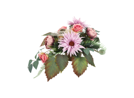 Stroik dekorowany w misie płaskiej ozdobnej margaretki, piwonie, róże