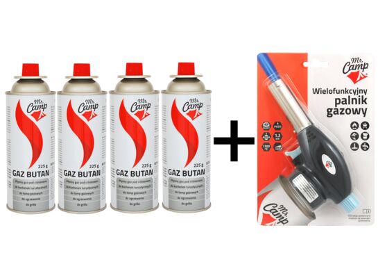 Kartusz gaz butan 4 sztuki + palnik Mr. Camp