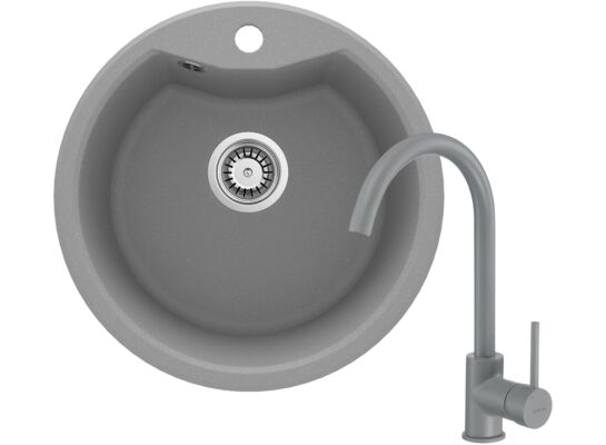 Set zlewozmywak granitowy ZRS S803 szary+bateria z wylewką U BEU S62M szara+osprzęt