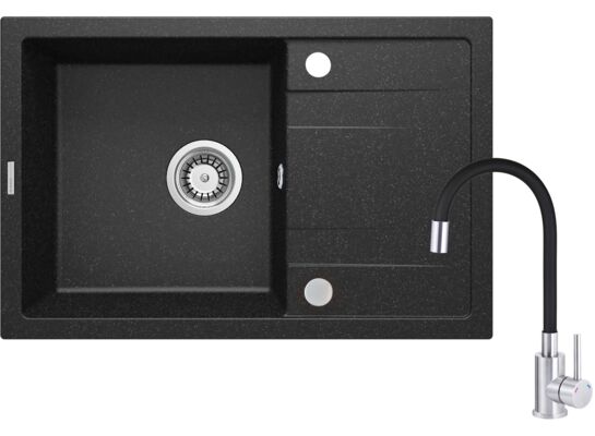 Set zlewozmywak granitowy ZRC 2113 grafit+bateria z giętą wylewką BME 024N chrom+osprzęt