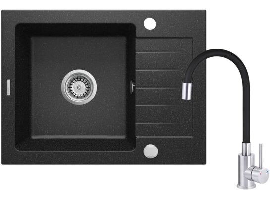 Set zlewozmywak granitowy ZQZ_211A GRAF+bateria z wylewką elastyczną BOC_B720 stal-czarny+osprzęt