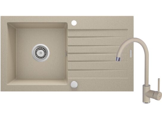 Zlewozmywak ZORBA piaskowy granit 1K Z/O 760 x 440 x 150 mm 3,5" + osprzęt PLUS bateria NEMEZJA z wylewką "U"