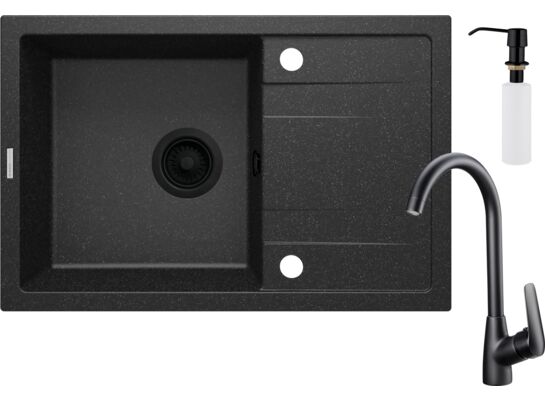 Set zlewozmywak granitowy ZRC 2113 grafit+bateria z wylewką U BMO N62M nero+osprzęt nero+dozownik