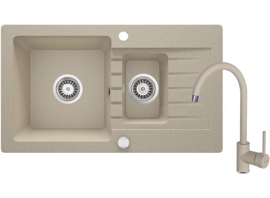 Zlewozmywak ZORBA piaskowy granit 1,5K Z/O 760 x 440 x 150 mm 3,5" + osprzęt PLUS bateria NEMEZJA z wylewką "U"