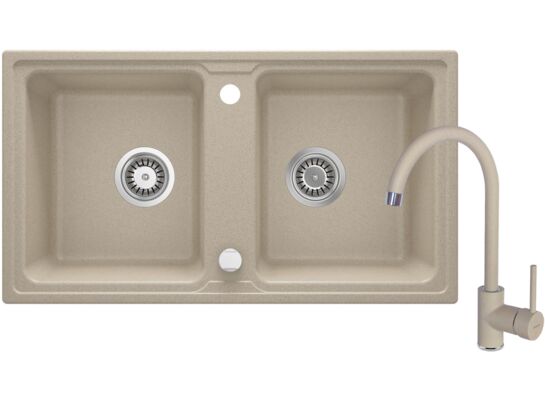 Zlewozmywak ZORBA piaskowy granit 2K B/O 780 x 435 x 180 mm 3,5" + osprzęt PLUS bateria NEMEZJA z wylewką "U"