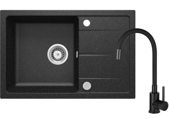 Set zlewozmywak granitowy ZRD 2113 grafit+bateria z giętą wylewką BME 024N chrom+osprzęt