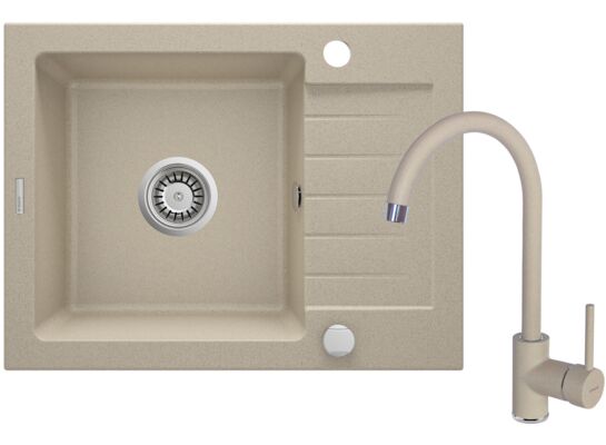 Zlewozmywak ZORBA piaskowy granit 1K Z/KO 580 x 440 x 160 mm 3,5" + osprzęt PLUS bateria NEMEZJA z wylewką "U"