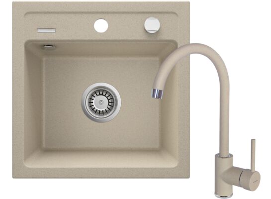 Zlewozmywak ZORBA piaskowy granit 1K B/O 440 x 440 x 170 mm 3,5" + osprzęt PLUS bateria NEMEZJA z wylewką "U"